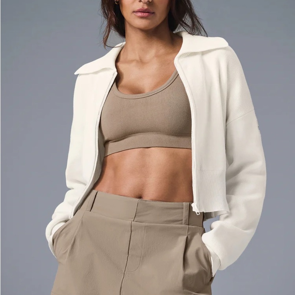 Alo Scholar Knit Cropped Full Zip Jacket, ivory, size S, M, NWT